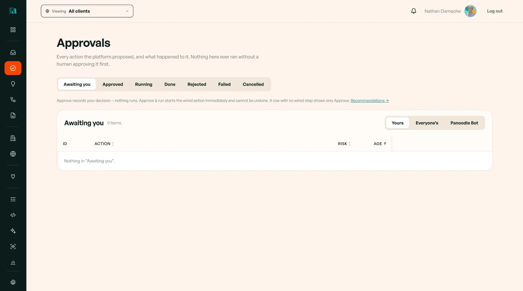PANoodle’s Approvals screen, which says nothing there ever ran without a human approving it first, with tabs for awaiting you, approved, running, done, rejected, failed and canceled, and an empty queue awaiting approval